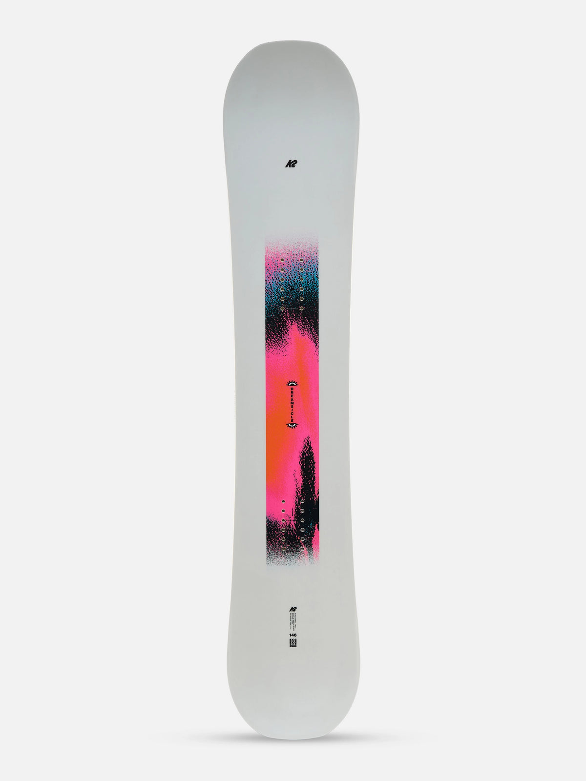 A snowboard shown from the base side against a light gray background, featuring a white base with a vibrant vertical graphic in pink, orange, and black.