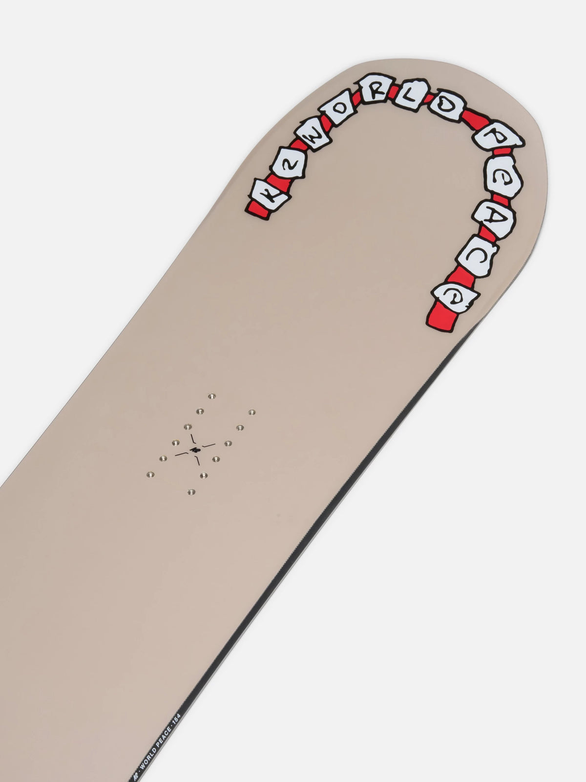 A close-up of a snowboard tail showing a light beige base with a stylized 'IN WORLD OF FAGGA' graphic in red, white, and black, and a small black clock-like logo near the center.