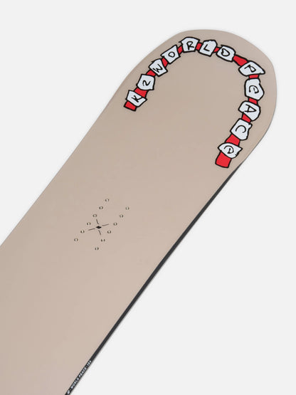 A close-up of a snowboard tail showing a light beige base with a stylized 'IN WORLD OF FAGGA' graphic in red, white, and black, and a small black clock-like logo near the center.