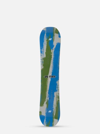 A snowboard shown from the bottom side, featuring an abstract paint-stroke pattern in blue, green, and gray, with the 'LIL MINI' logo printed in the center.