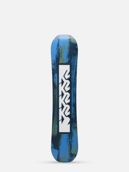 A snowboard shown from the base side, featuring a blue and green abstract brushstroke pattern with a large white vertical logo that reads 'K2'.