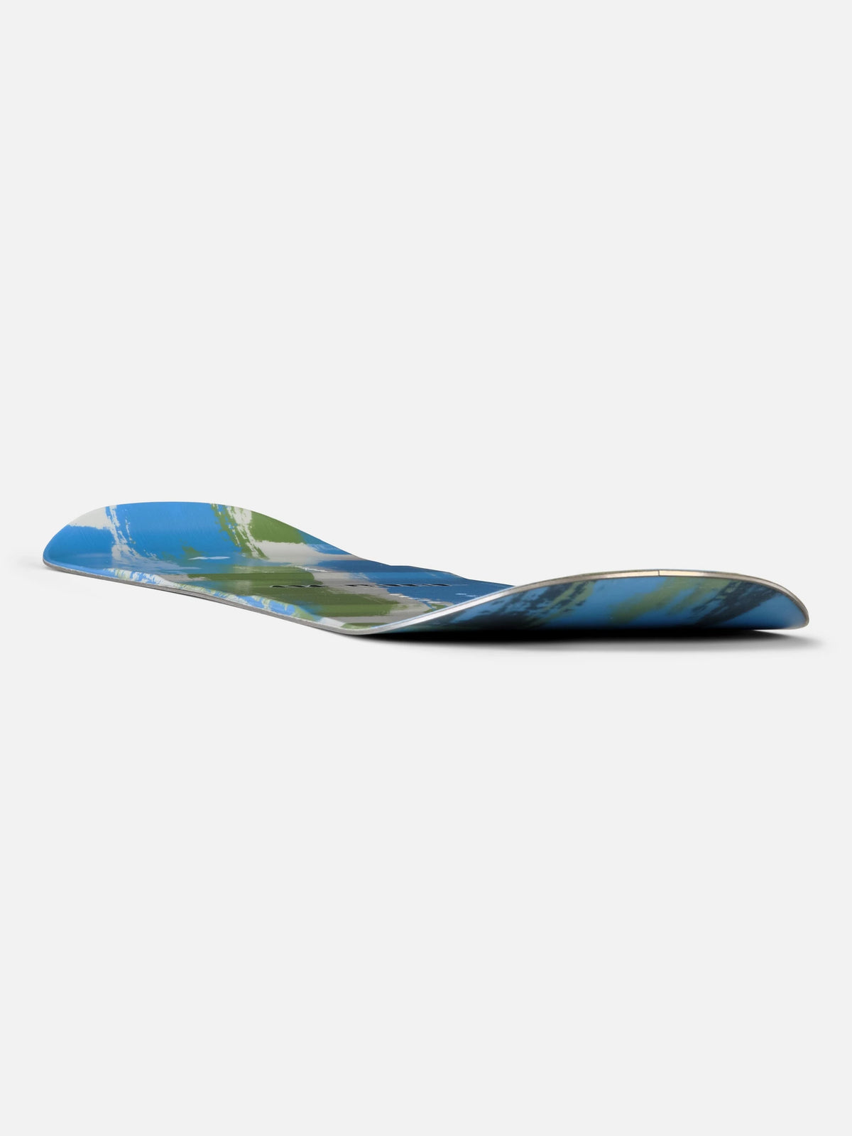 A snowboard with a blue and green landscape graphic, shown from a side profile view against a light gray background.