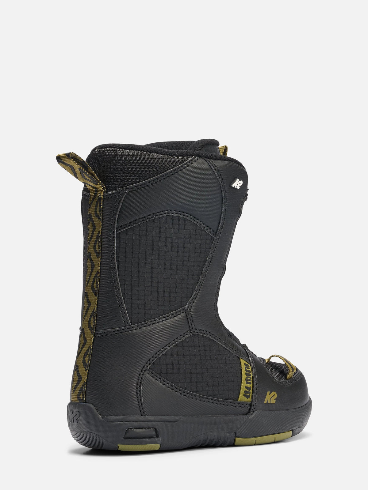 A black snowboard boot with olive green accents and a textured pattern on the side, shown from a three-quarters angle against a light gray background.