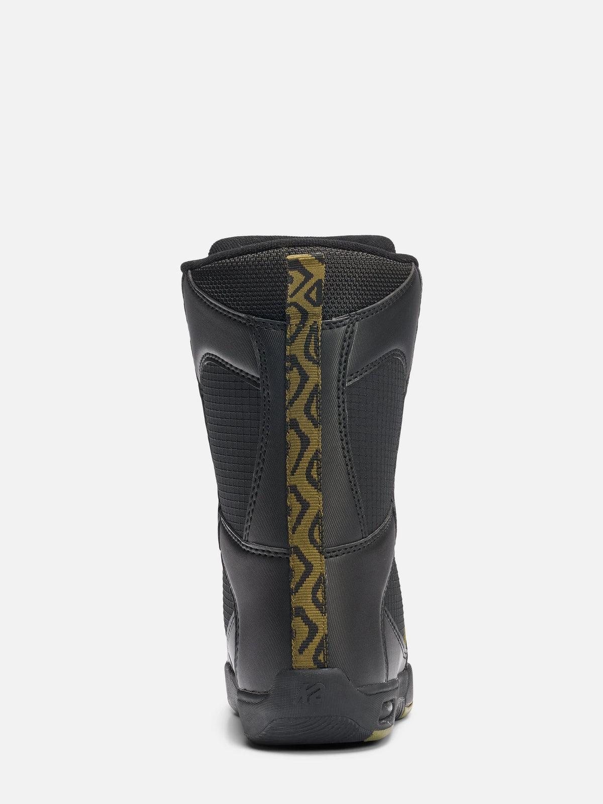 A black mid-calf boot shown from the back, featuring a textured black upper with a vertical gold and black geometric patterned stripe down the center and a black sole.
