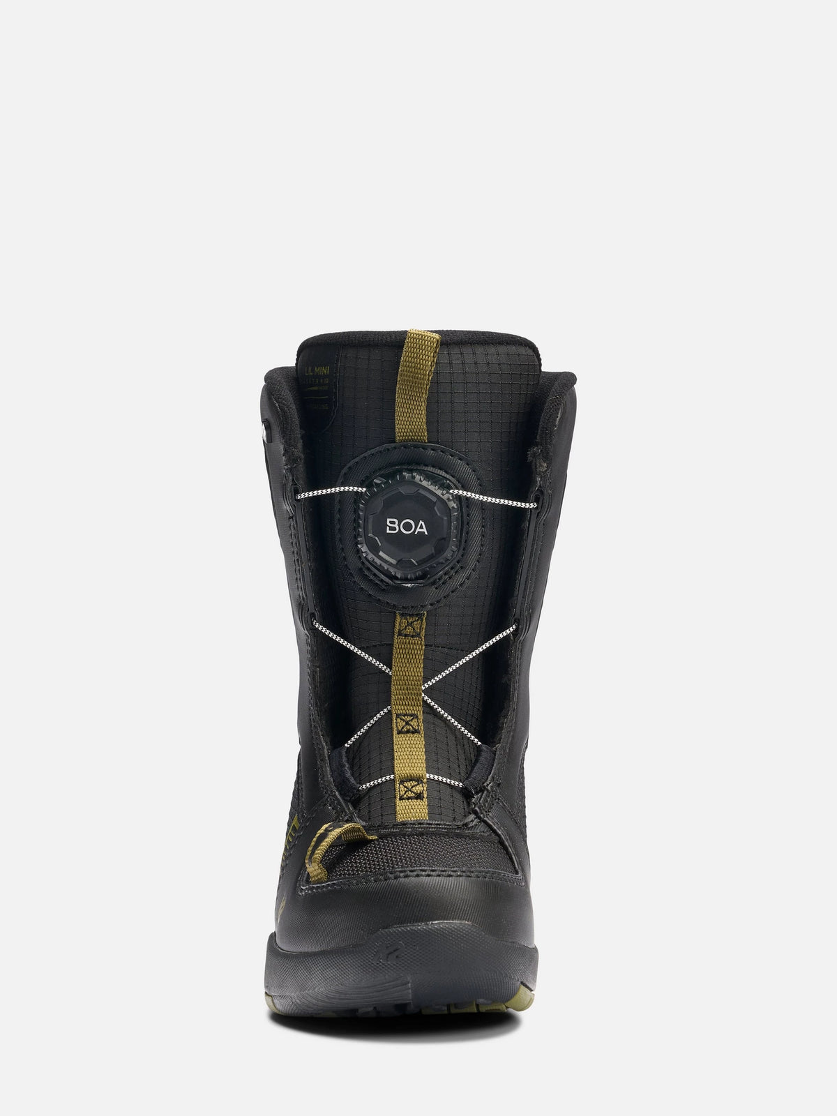 A single black snowboard boot with gold accents and a BOA dial closure system, shown from the back against a light gray background.