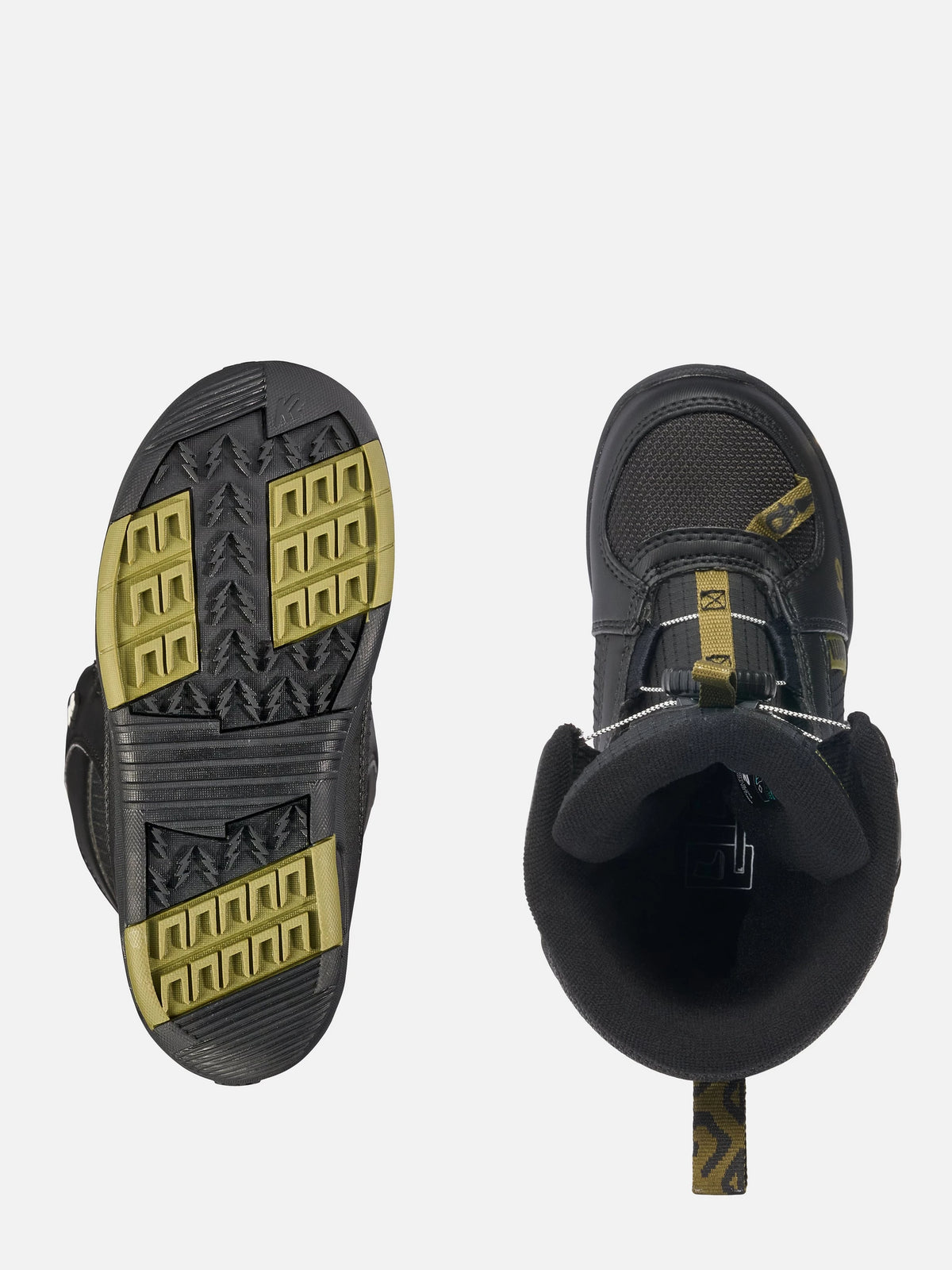 A pair of black high-top winter boots shown from the top, displaying the textured treaded outsole on the left and the boot's interior with a black cuff on the right, both featuring gold accents.