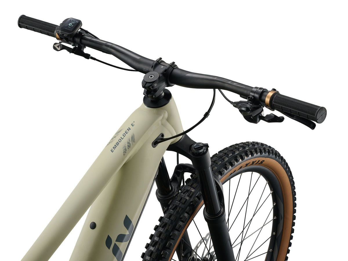 Close-up of a bicycle handlebar and front wheel on a white background
