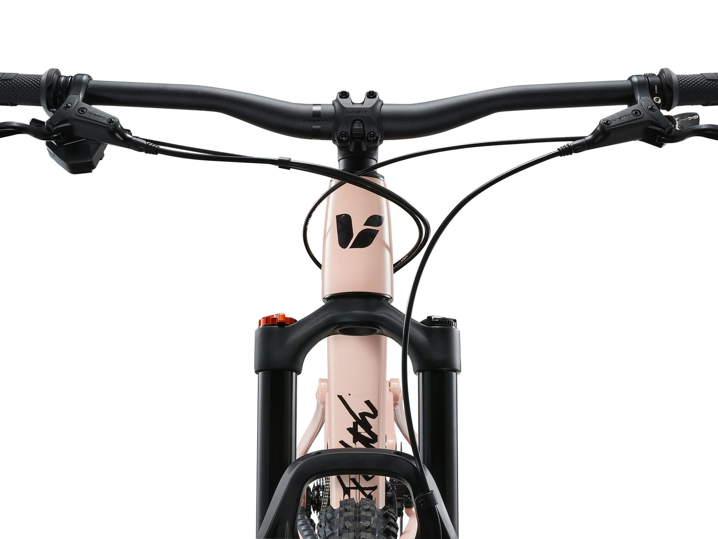 Close-up of a bicycle handlebar with visible brand logo on a white background