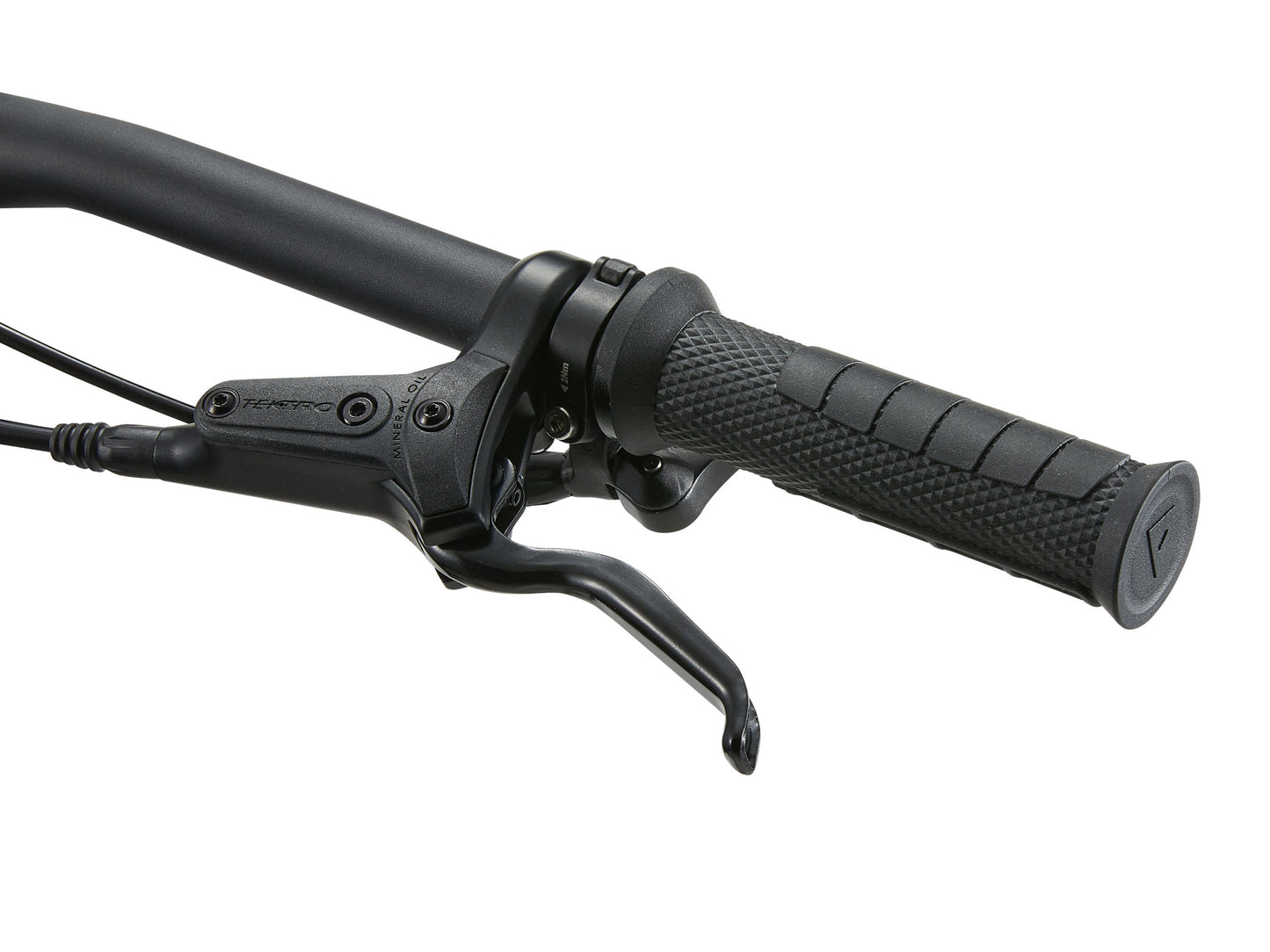 Close-up of a black motorcycle handlebar with grip and brake lever on a white background