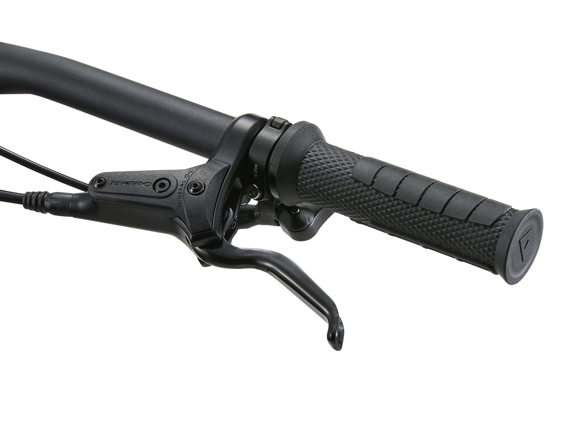 Close-up of a black motorcycle handlebar with grip and brake lever on a white background