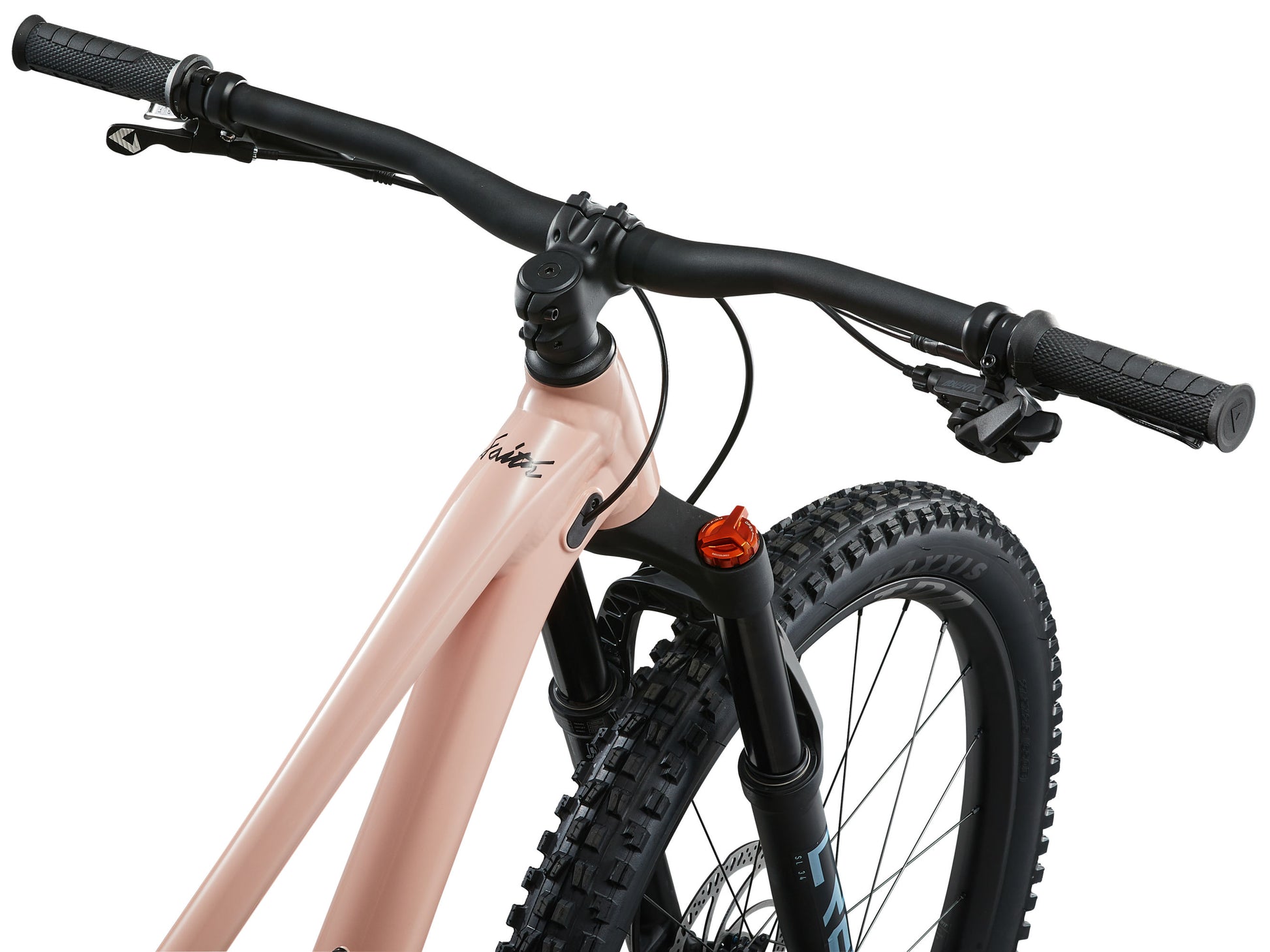 Close-up of a bicycle handlebar and front wheel on a white background