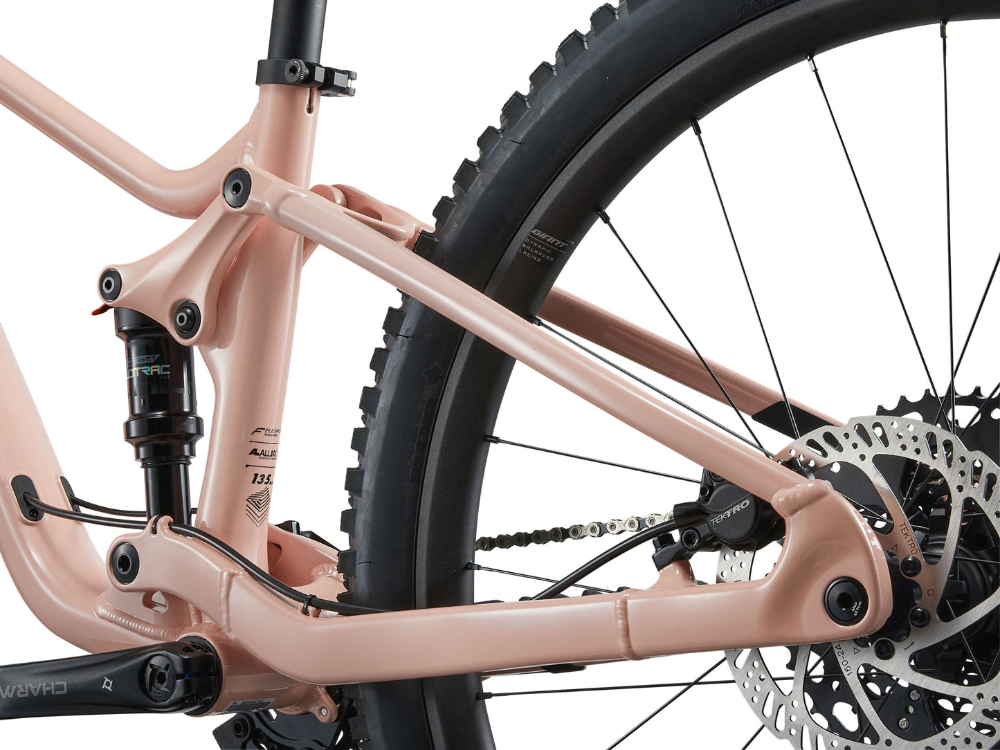 Close-up of a pink bicycle frame with visible components on a white background