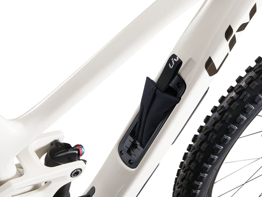 Close-up of a bicycle frame with a black mudguard on a white background