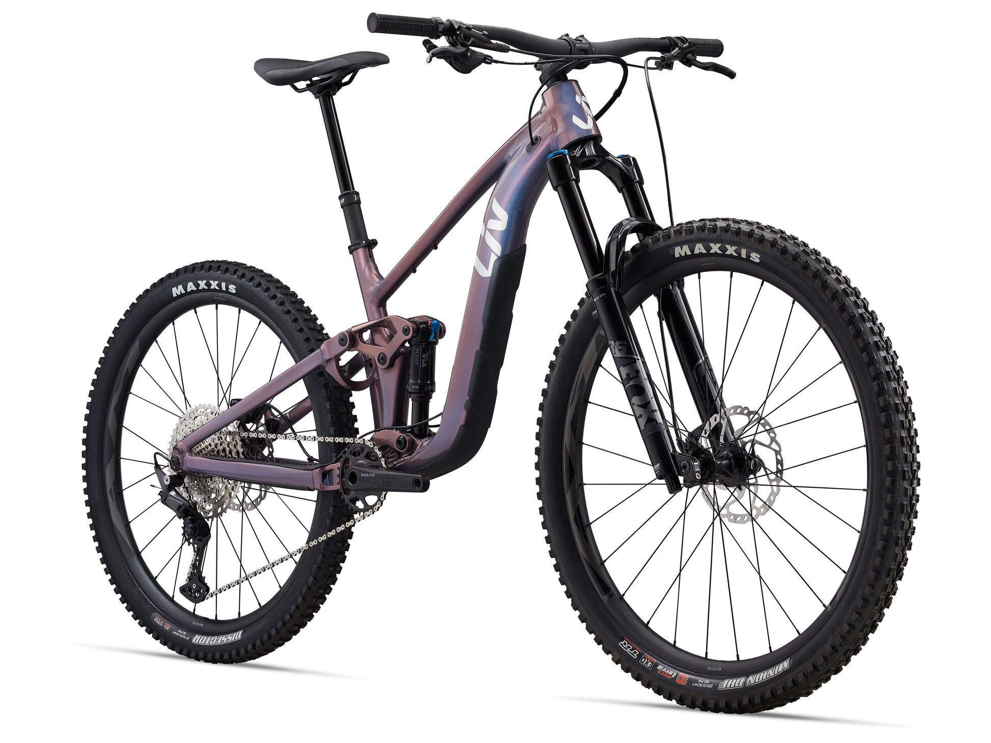 Mountain bike with a purple frame and black components on a white background