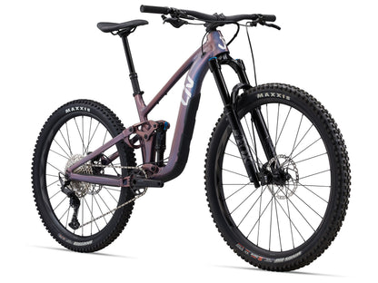 Mountain bike with a purple frame and black components on a white background