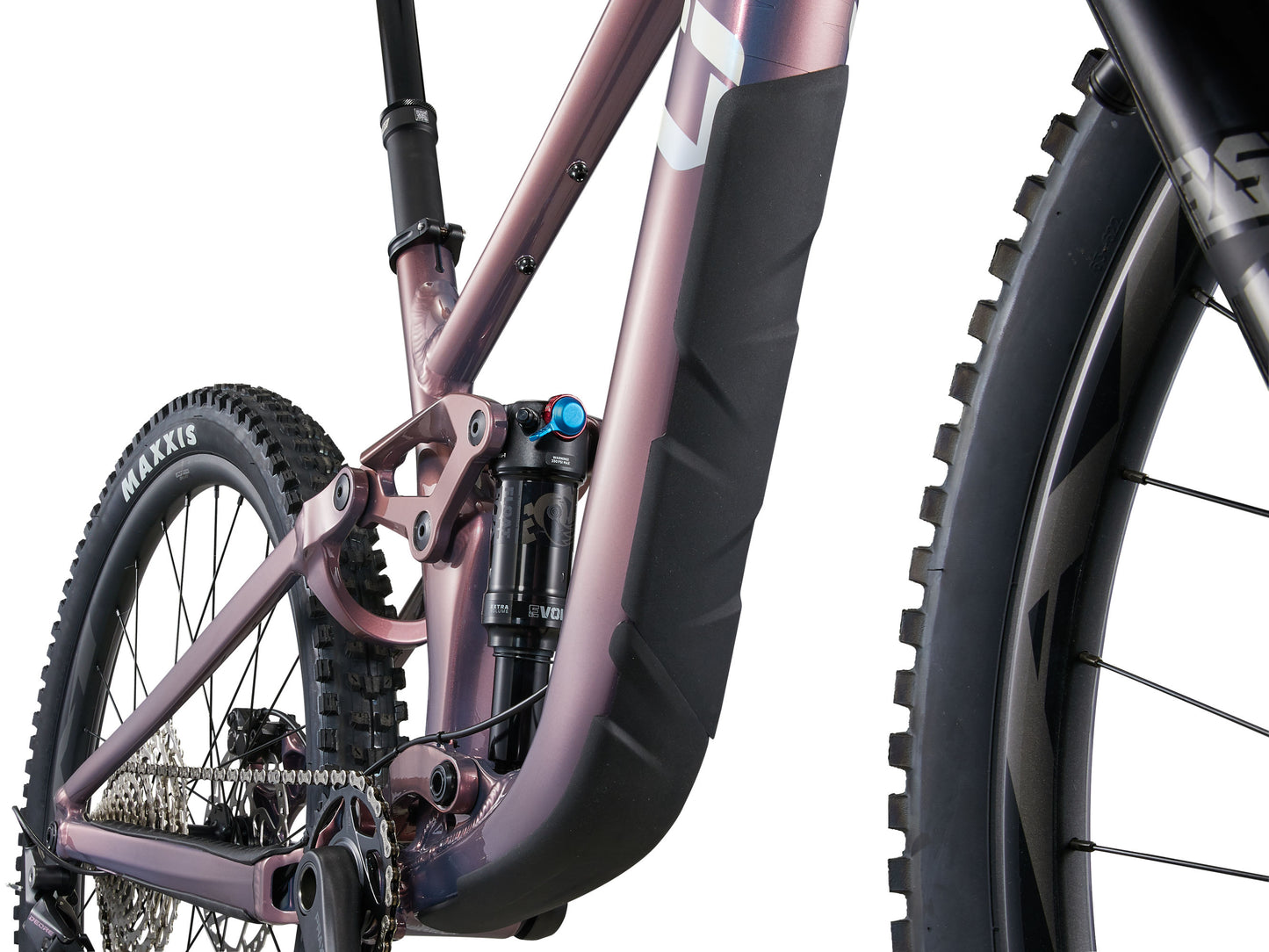 Close-up of a mountain bike with suspension fork on a white background