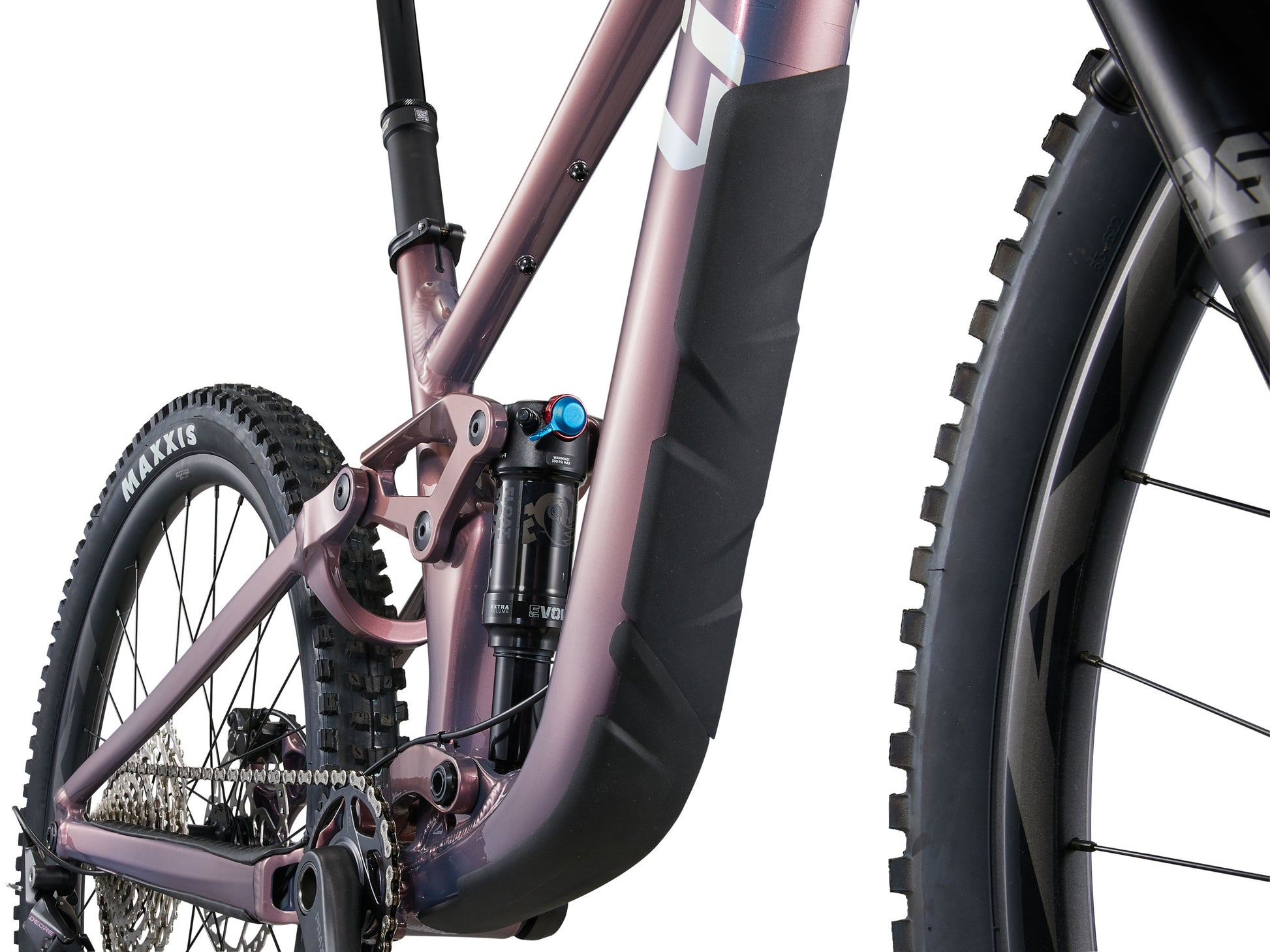 Close-up of a mountain bike with suspension fork on a white background