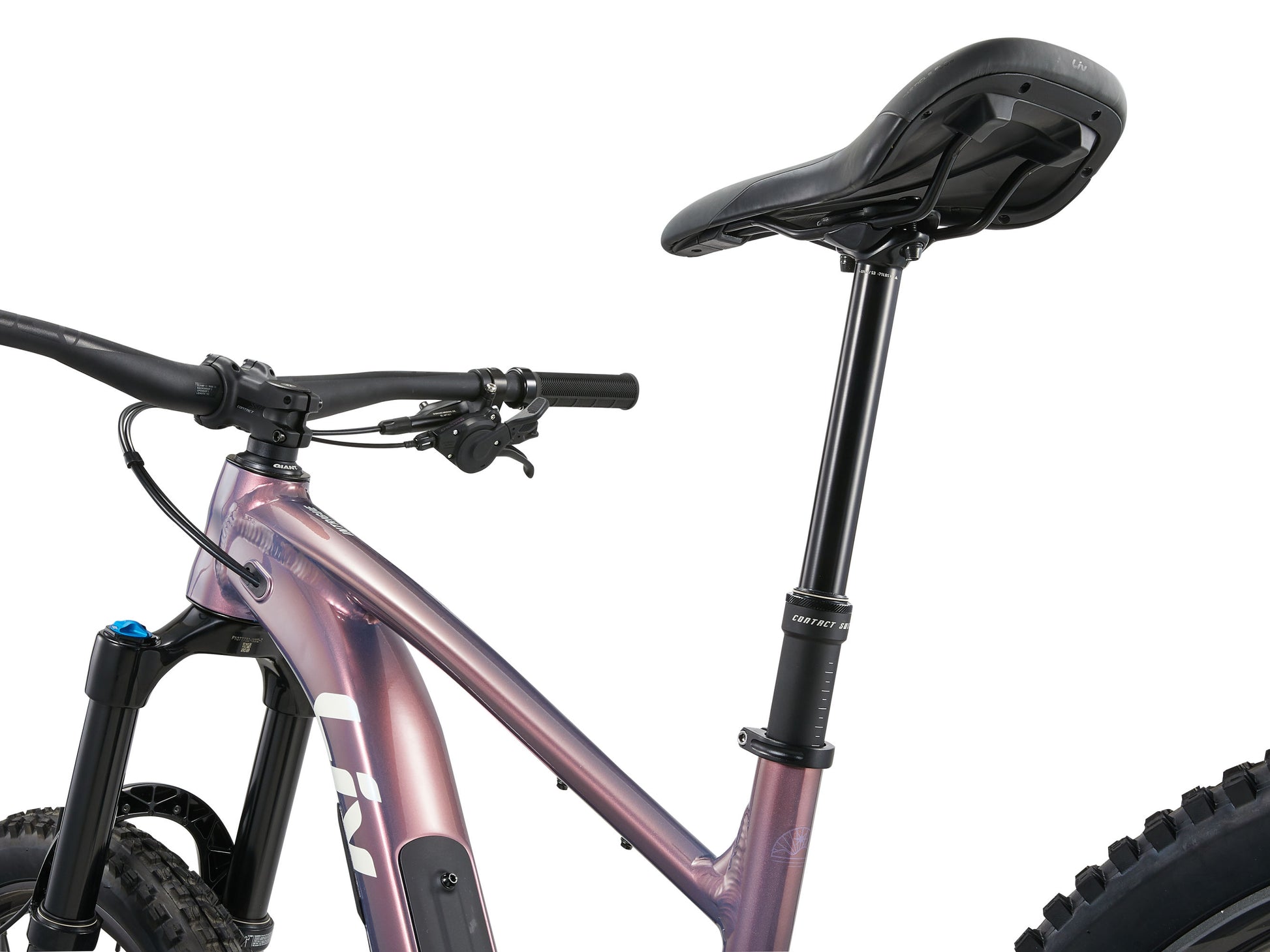 Close-up of a bicycle with a pink frame and black seat on a white background