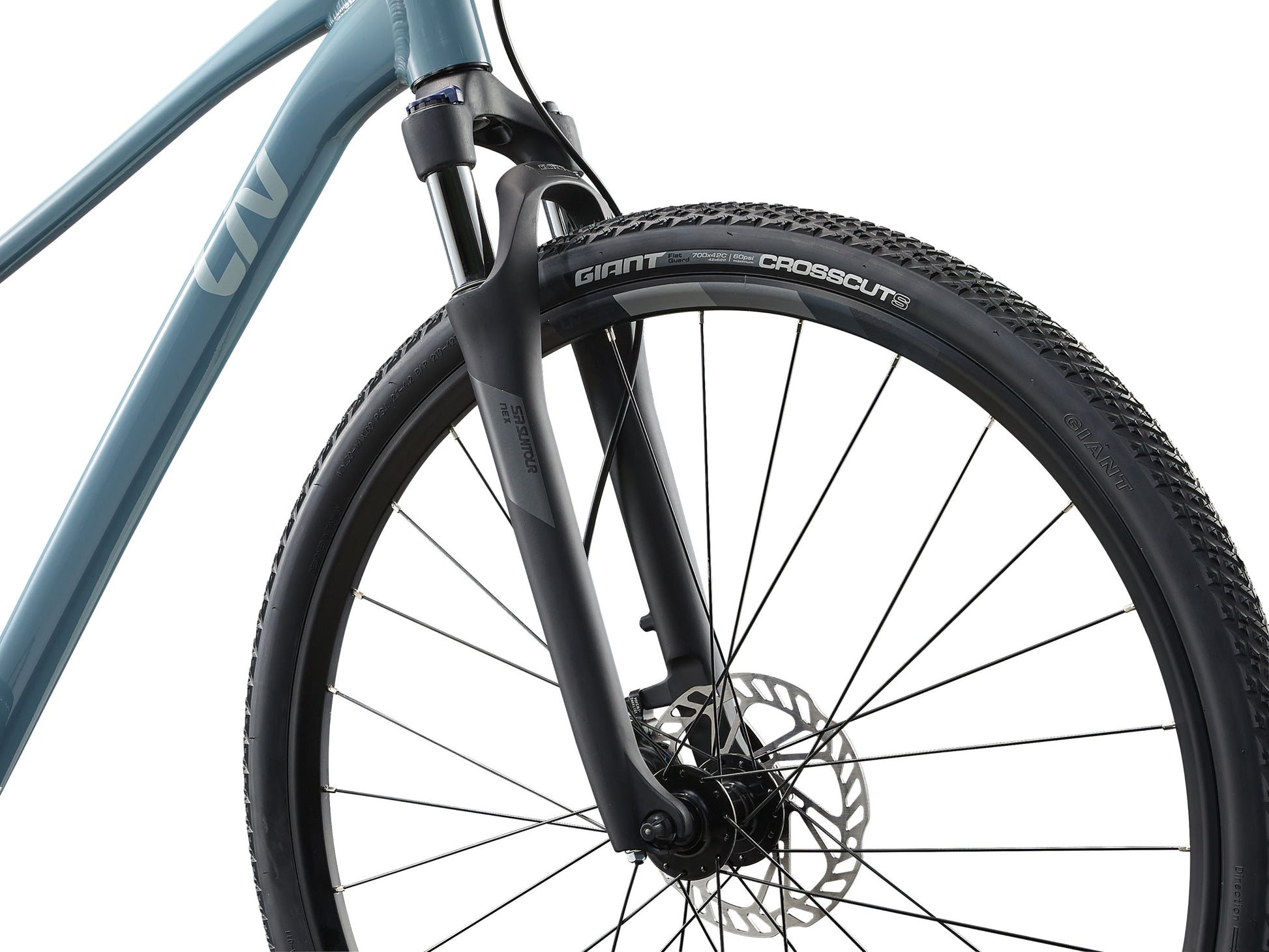Close-up of a bicycle wheel with 'Giant' branding on a white background