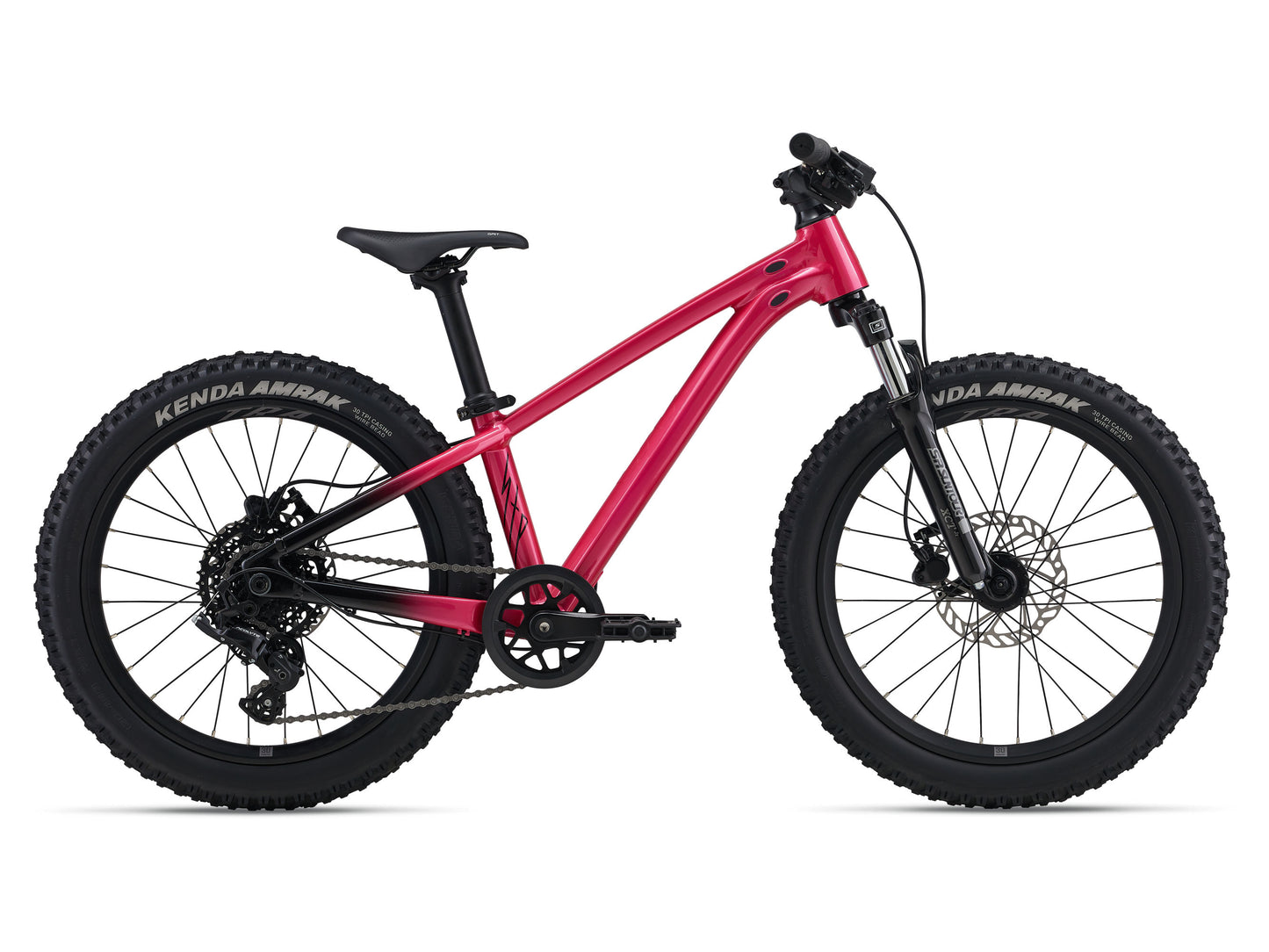 Pink children's bike with black tires on a white background