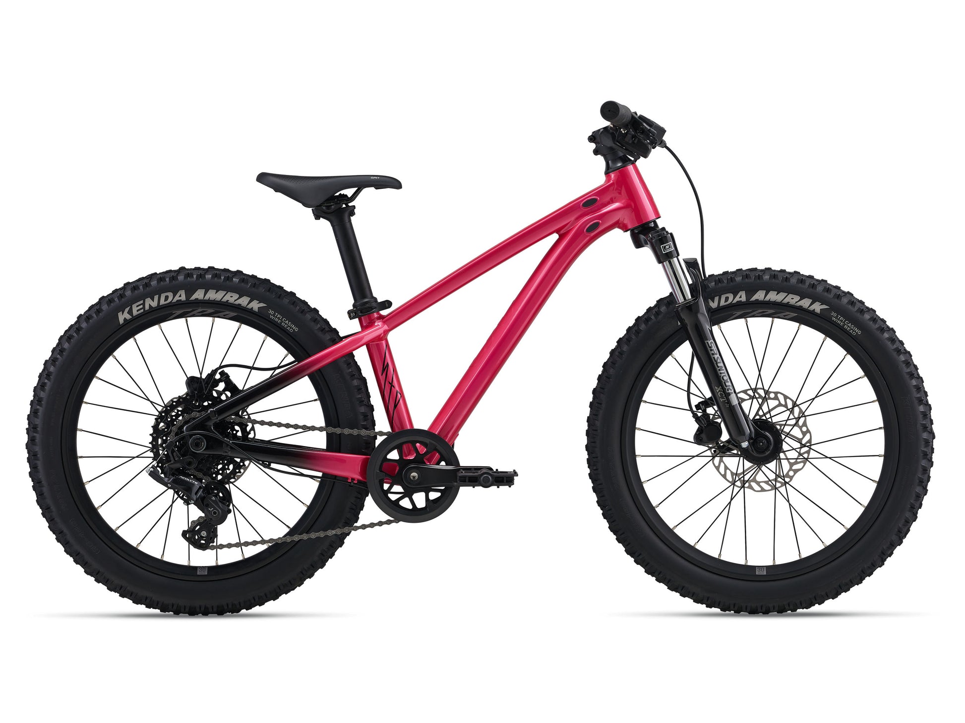 Pink children's bike with black tires on a white background