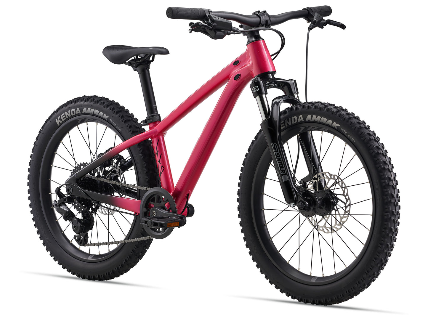Pink children's bicycle with black tires on a white background
