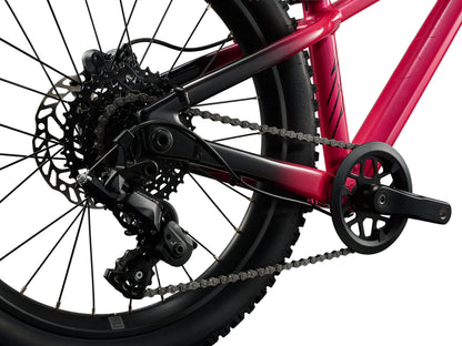 Close-up of a red bicycle's gear system on a white background
