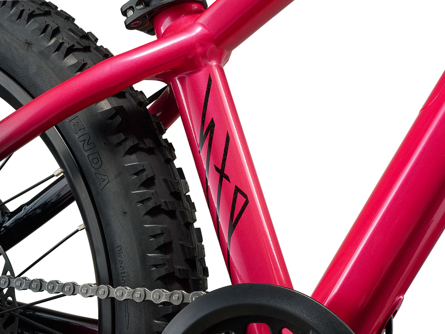 Close-up of a red bicycle frame with 'MTD' branding on a white background