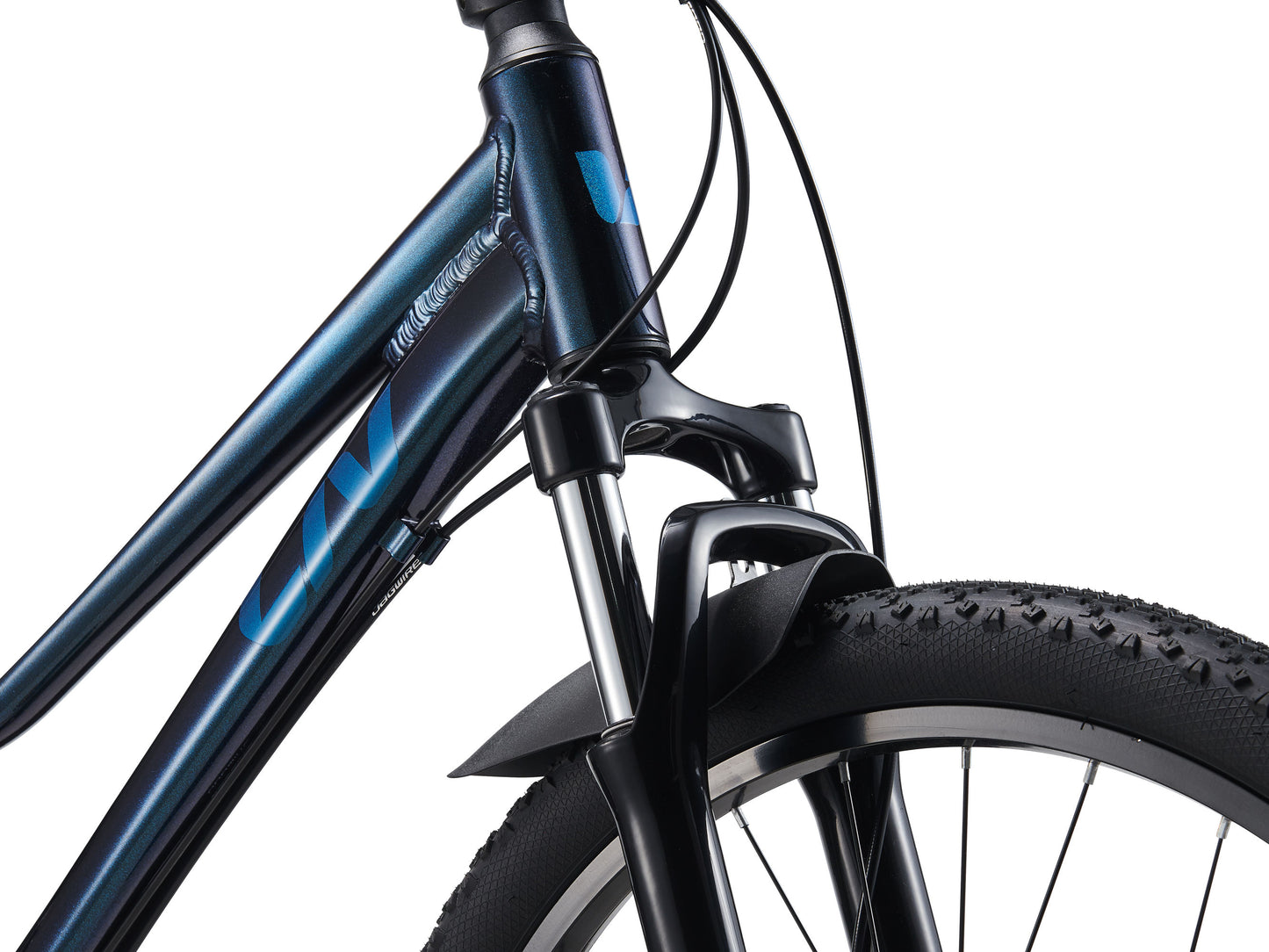 Close-up of a blue bicycle frame with a white background