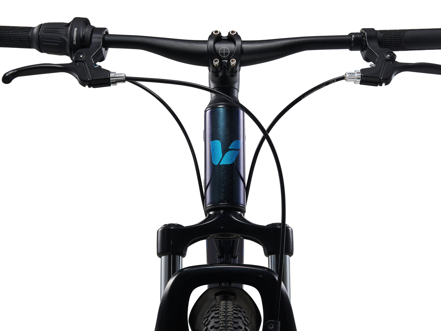 Close-up of a bicycle handlebar with a brand logo on a white background