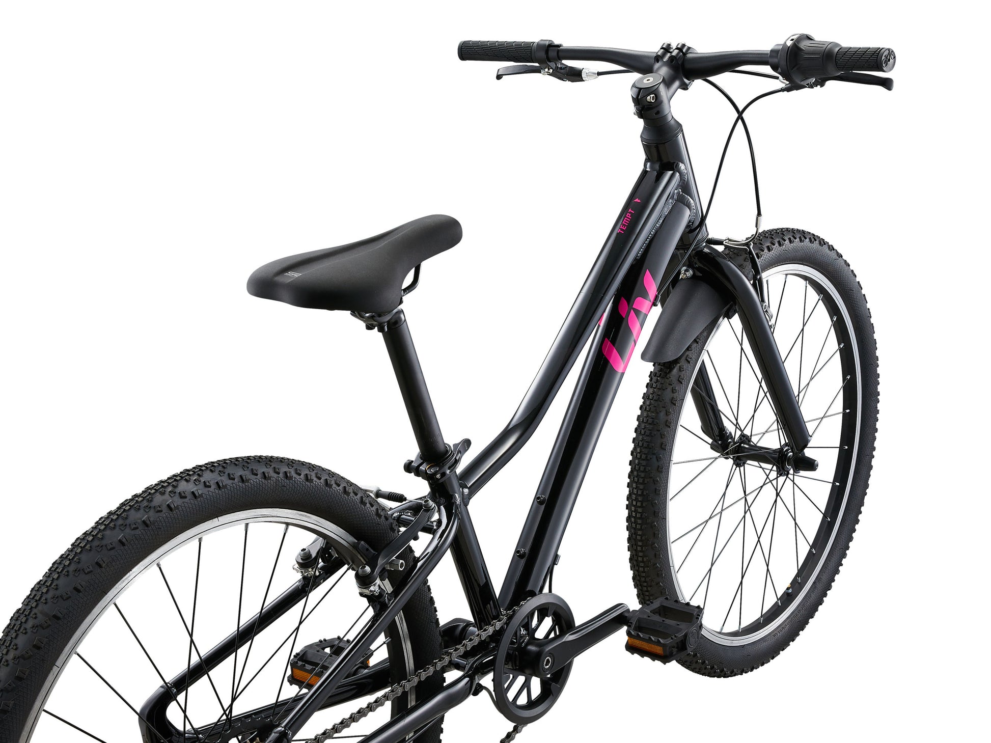 Black bicycle with pink lettering on a white background