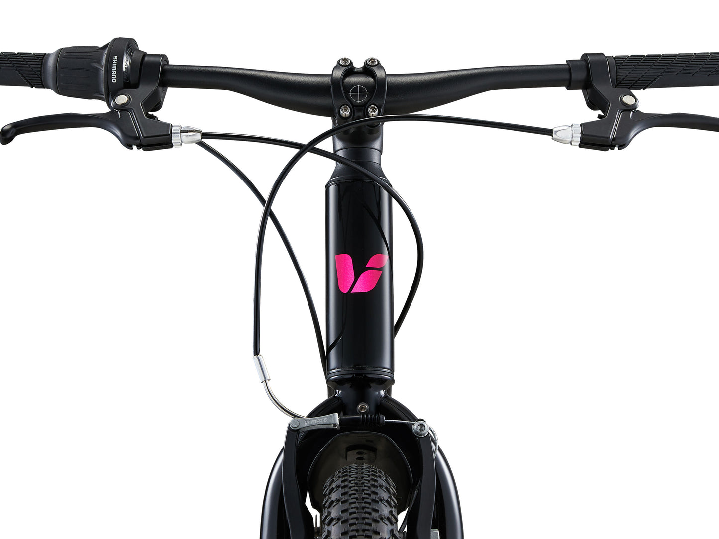 Close-up of a bicycle handlebar with a brand logo on a white background