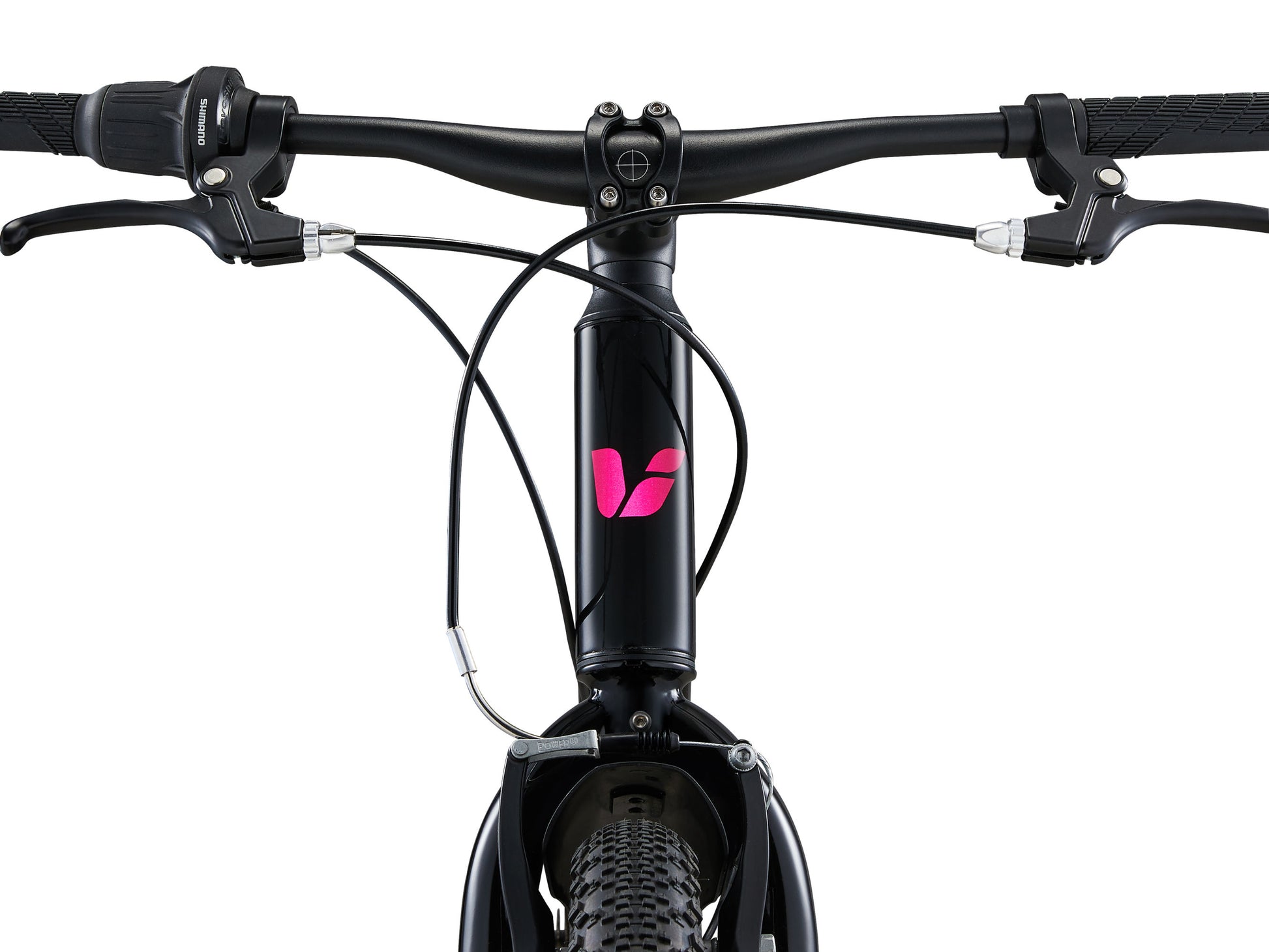 Close-up of a bicycle handlebar with a brand logo on a white background