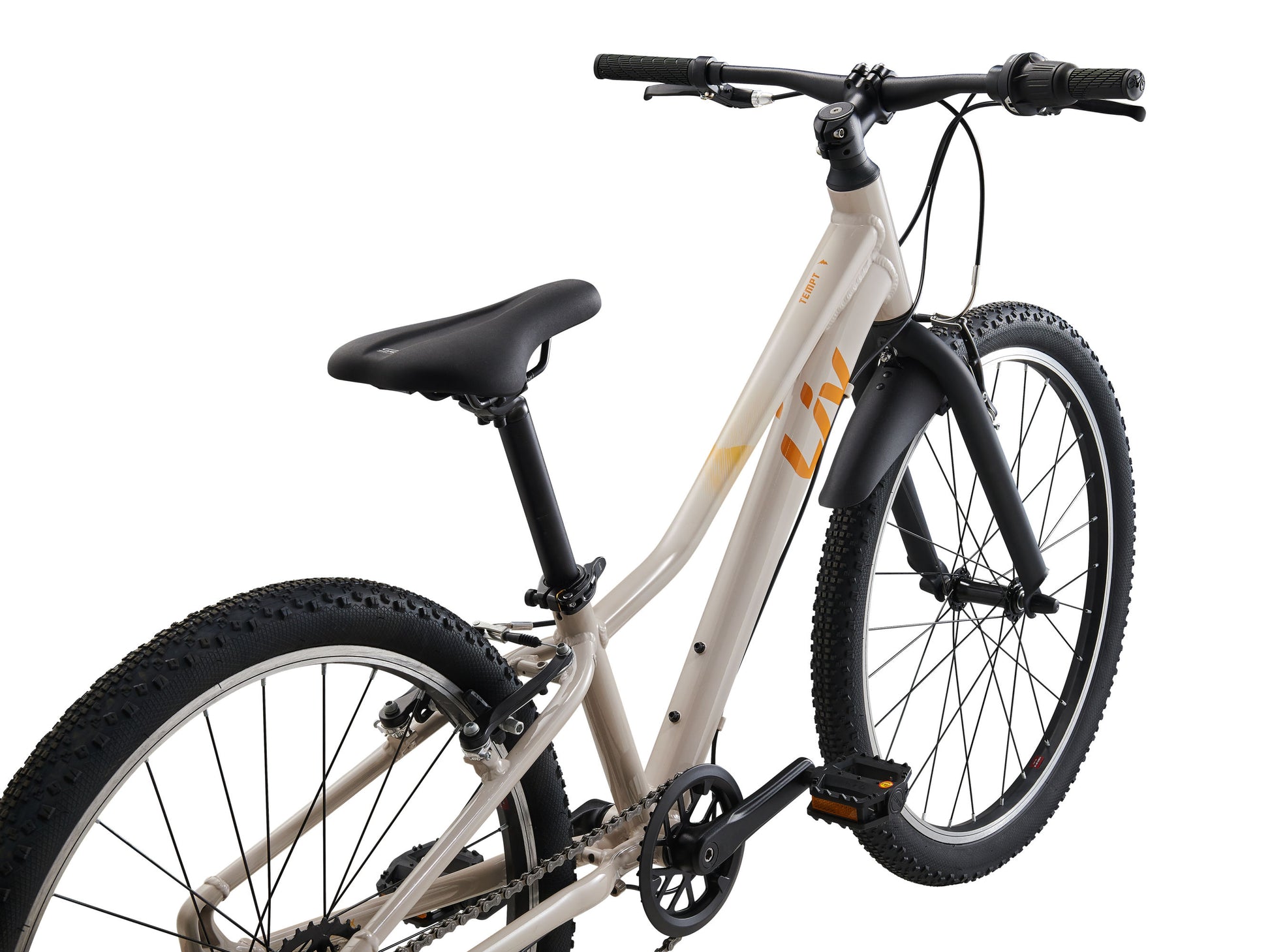White children's bicycle with black tires and seat on a white background