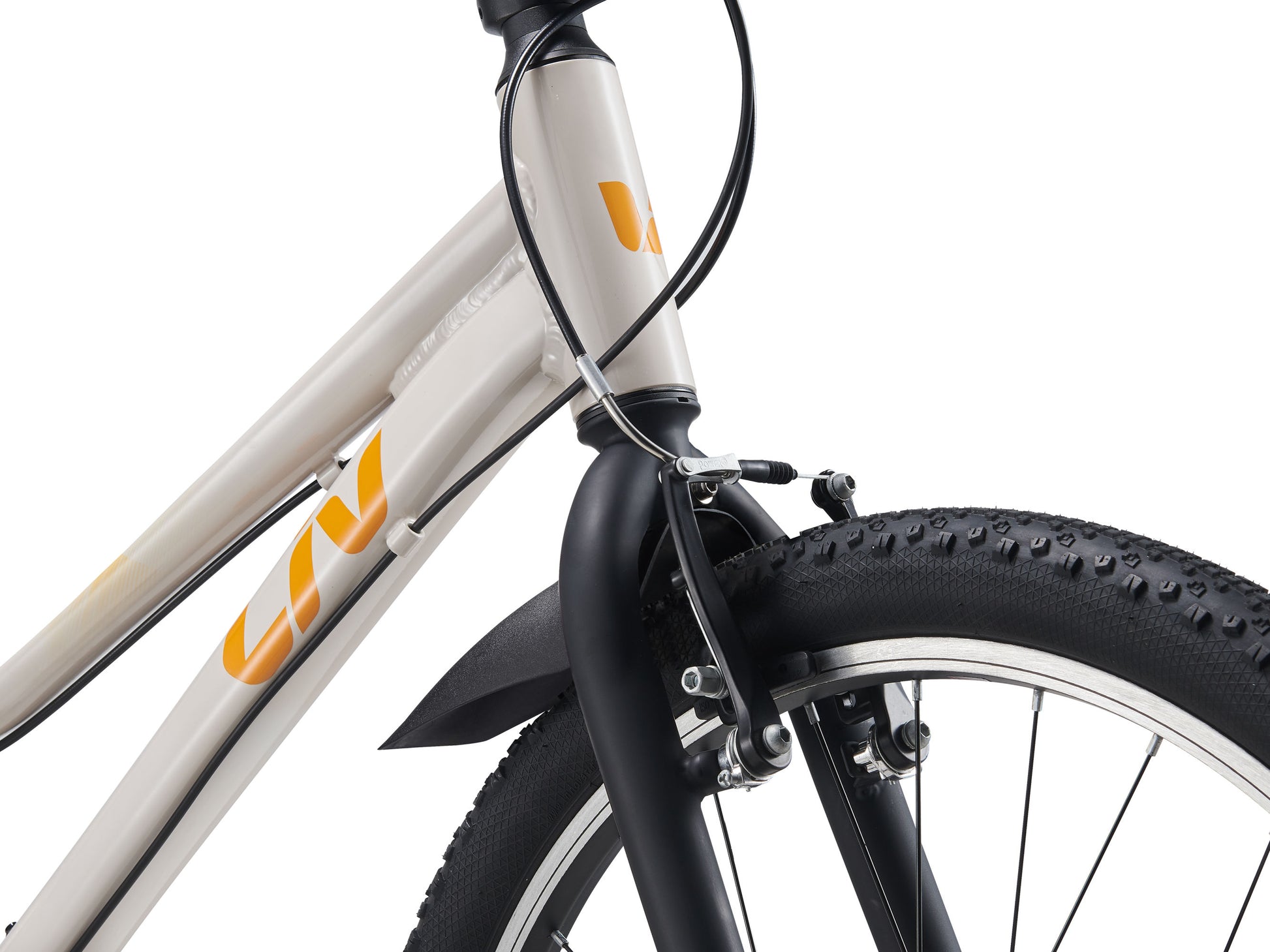 Close-up of a bicycle with a brand logo on a white background