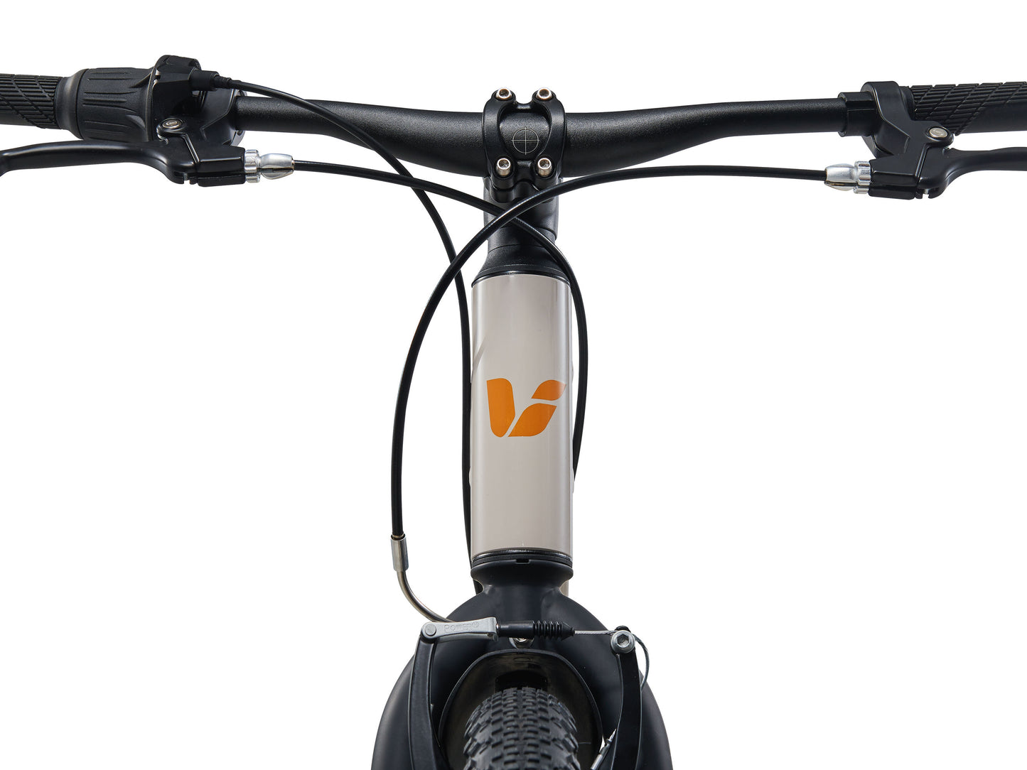 Close-up of a bicycle handlebar with a brand logo on a white background
