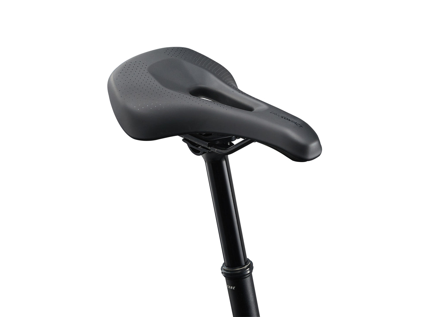 Black bicycle seat with adjustable post on a white background