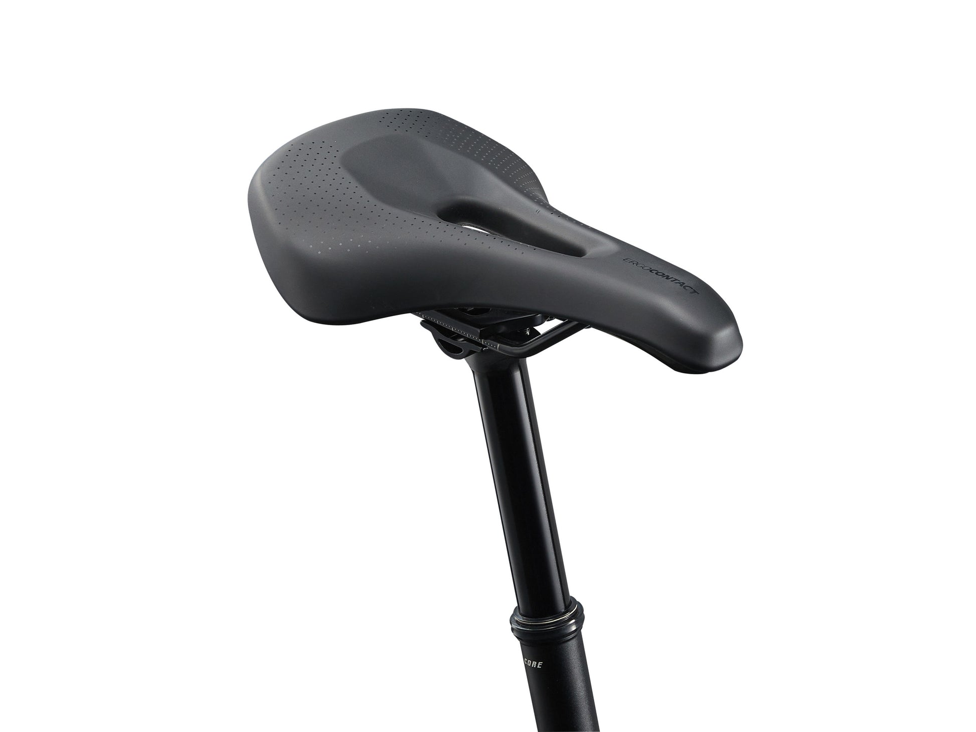 Black bicycle seat with adjustable post on a white background