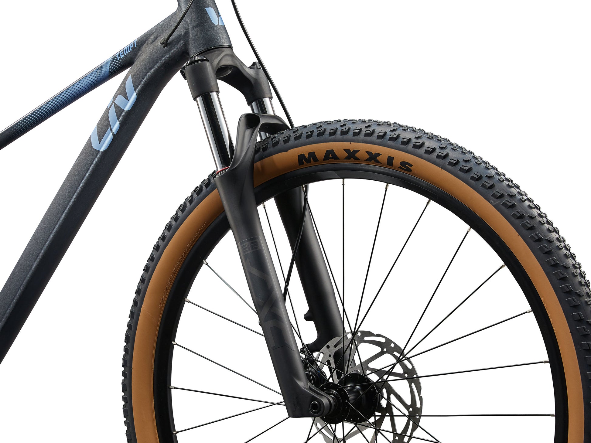 Close-up of a bicycle wheel with Maxxis tire on a white background