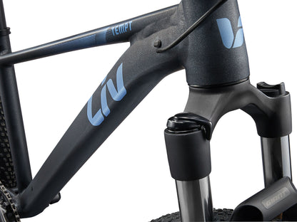 Close-up of a bicycle frame with 'Liv' branding on a white background