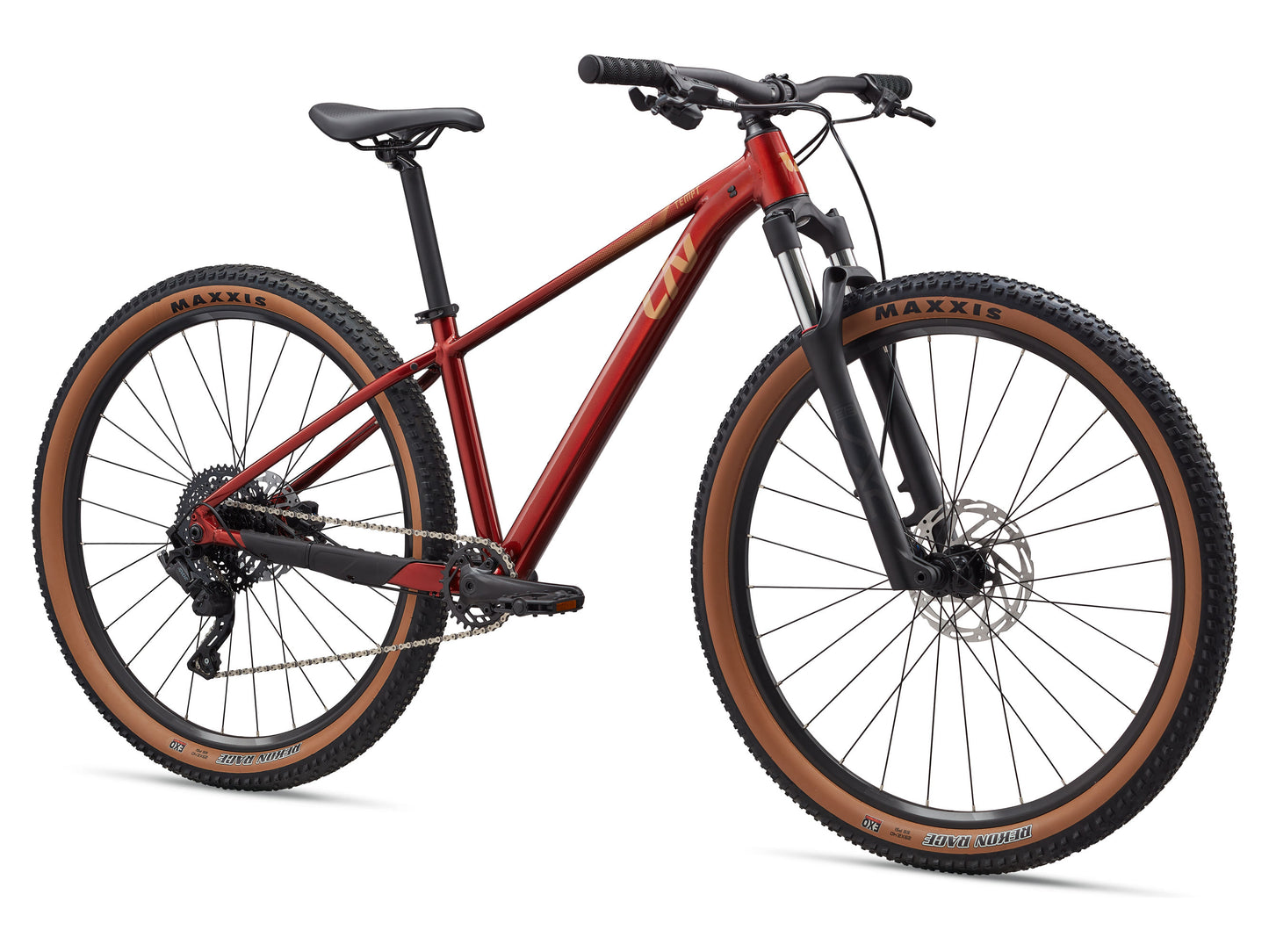 Red mountain bike with brown tires on a white background