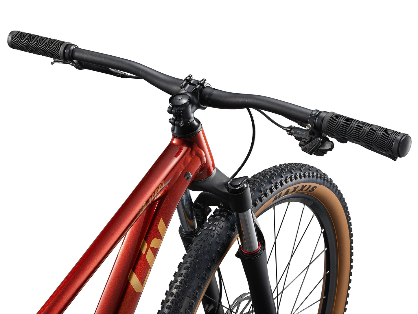 Close-up of a red mountain bike handlebar and front wheel on a white background