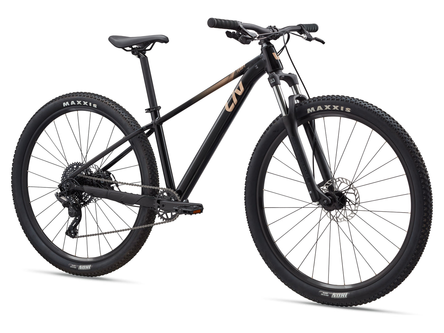 Black mountain bike with Maxxis tires on a white background