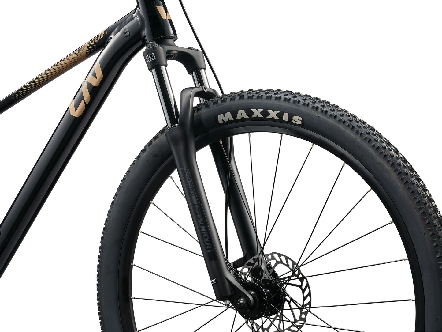 Close-up of a bicycle wheel with Maxxis tire on a white background