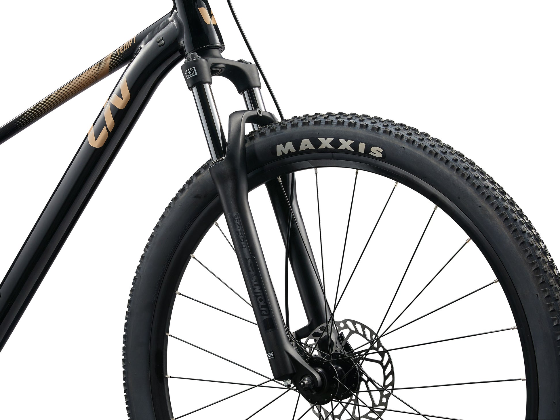 Close-up of a bicycle wheel with Maxxis tire on a white background