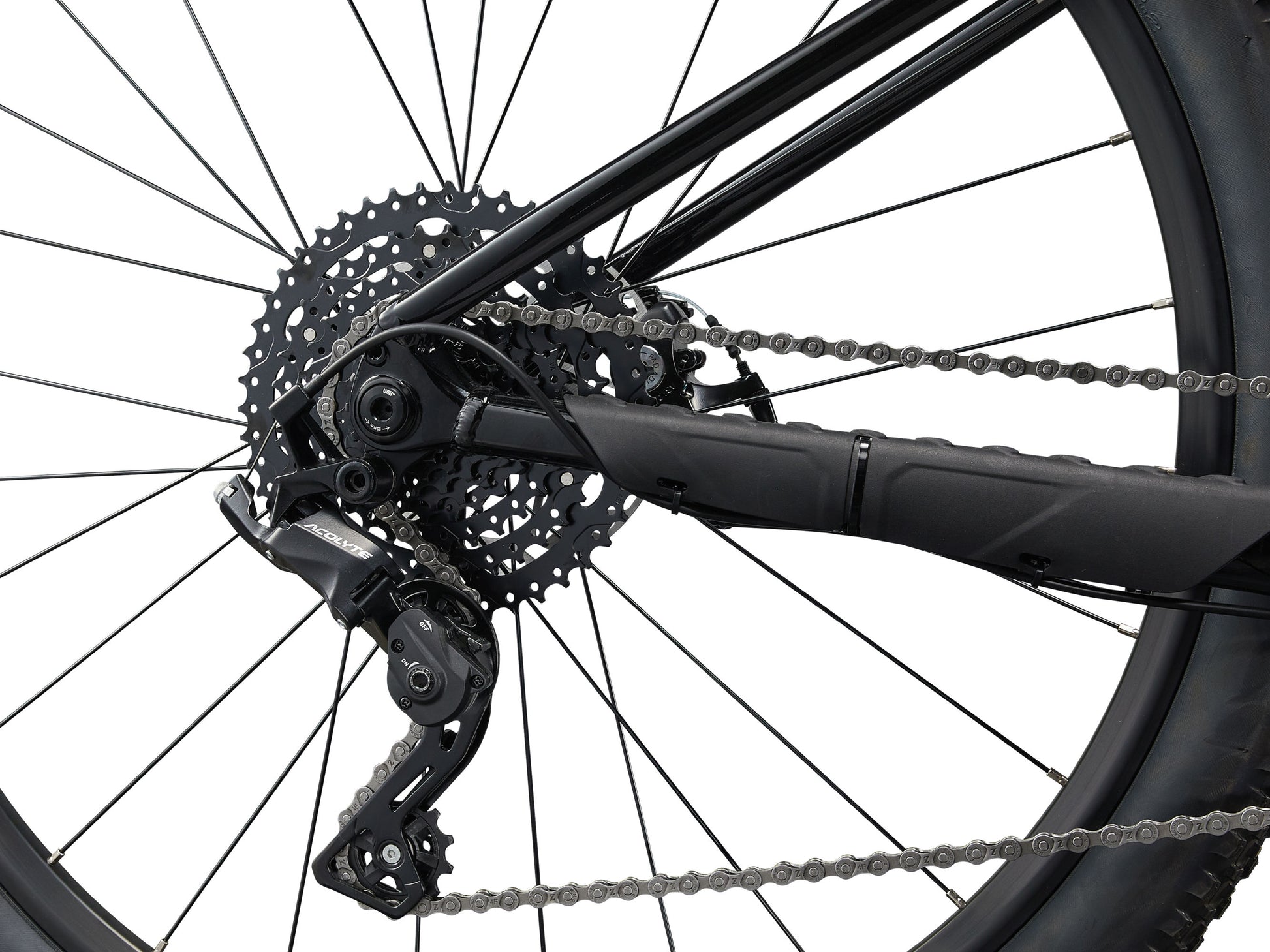 Close-up of a bicycle's gear system with chain and sprockets on a white background
