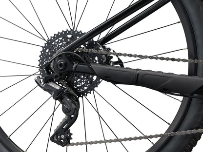Close-up of a bicycle's gear system with chain and sprockets on a white background
