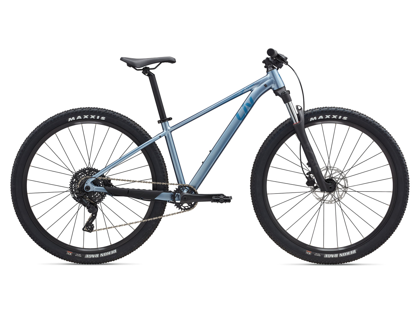 Blue mountain bike with Maxxis tires on a white background
