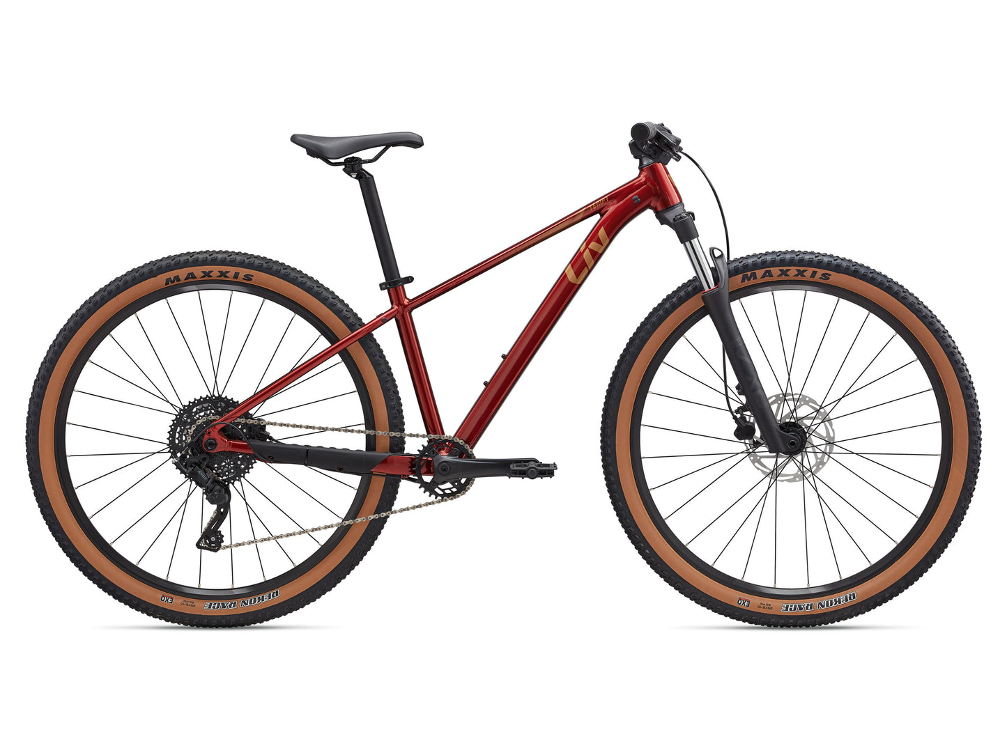 Red mountain bike with brown tires on a white background