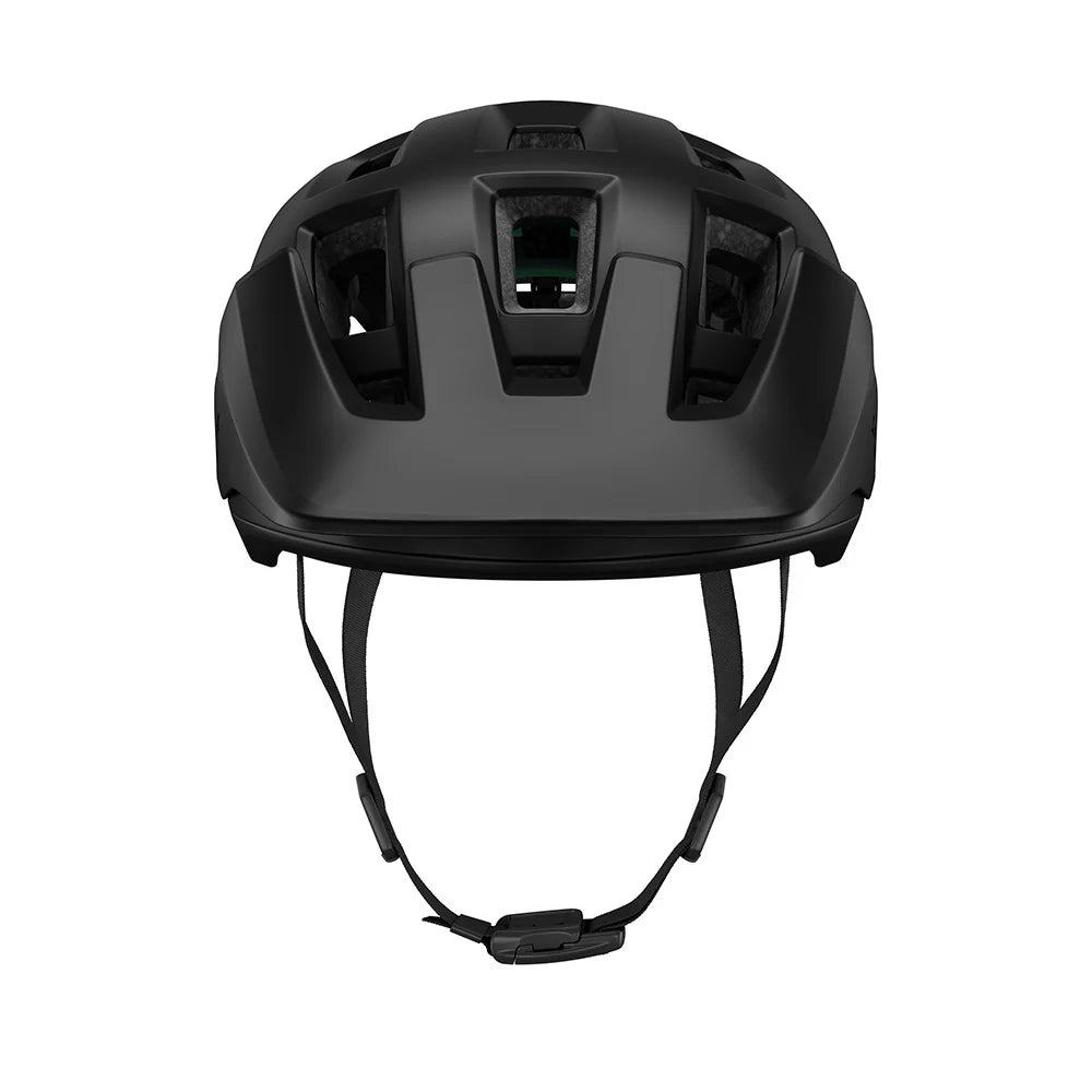 Black helmet with chin strap on a white background